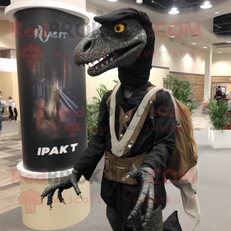 Black Utahraptor mascot costume character dressed with a Cardigan and Backpacks