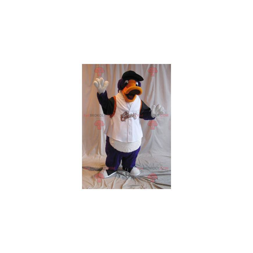Mascote pato laranja roxo e preto em roupas esportivas -
