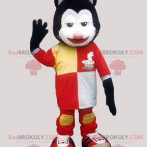 Black and white cat mascot with a very colorful outfit -