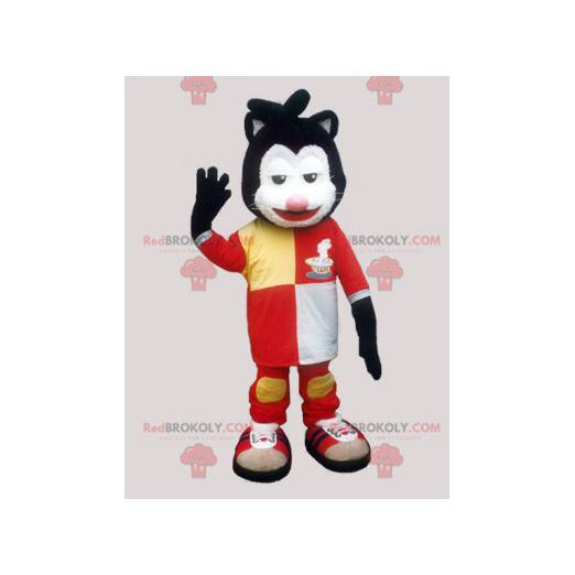 Black and white cat mascot with a very colorful outfit -