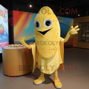 Gold Ceviche mascot costume character dressed with a Cover-up and Foot pads