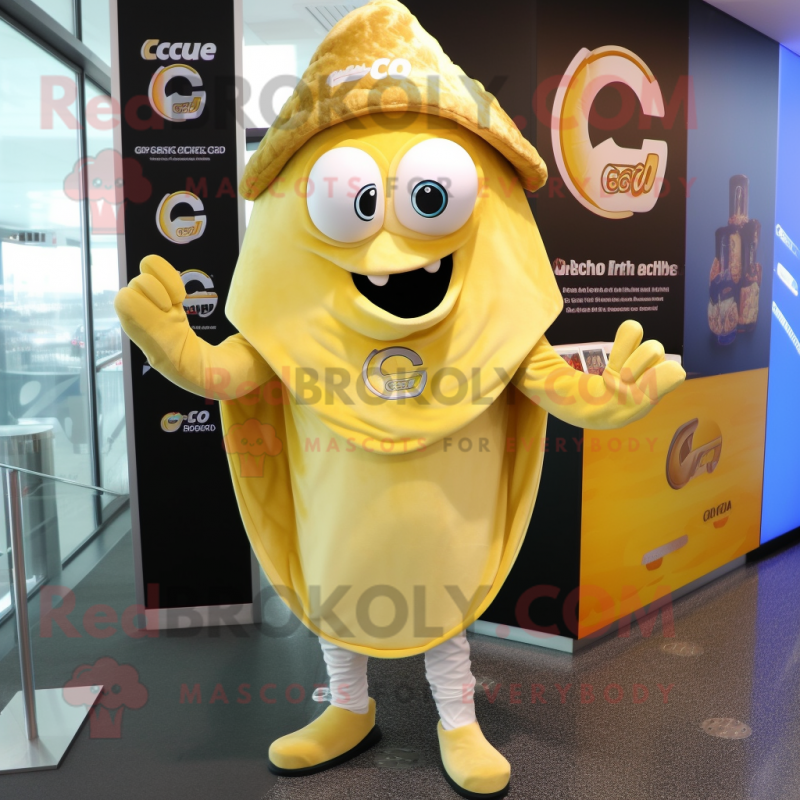 Gold Ceviche mascot costume character dressed with a Cover-up and Foot pads Gold Ceviche mascot costume character dressed with a Cover-up and Foot pads