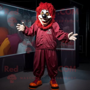 Maroon Evil Clown mascot costume character dressed with a Windbreaker and Anklets