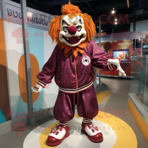 Maroon Evil Clown mascot costume character dressed with a Windbreaker and Anklets