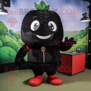 Black Strawberry mascot costume character dressed with a Tank Top and Wraps