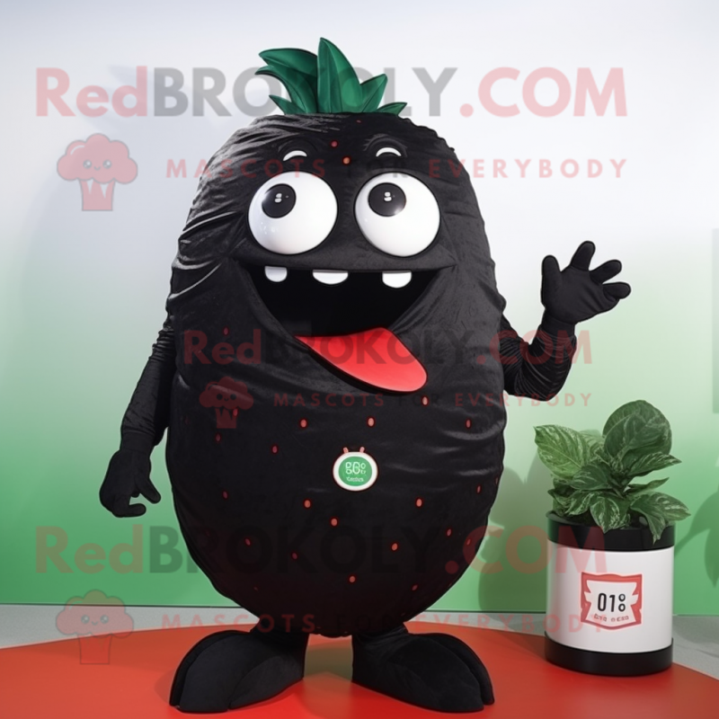 Black Strawberry mascot costume character dressed with a Tank Top and Wraps Black Strawberry mascot costume character dressed with a Tank Top and Wraps