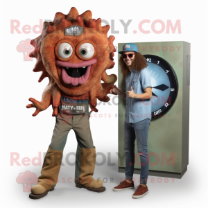 Rust Medusa mascot costume character dressed with a Chambray Shirt and Digital watches