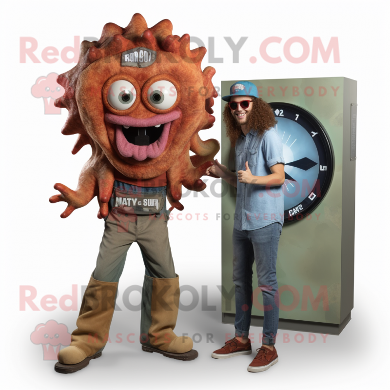Rust Medusa mascot costume character dressed with a Chambray Shirt and Digital watches Rust Medusa mascot costume character dressed with a Chambray Shirt and Digital watches