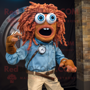 Rust Medusa mascot costume character dressed with a Chambray Shirt and Digital watches