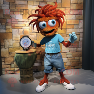 Rust Medusa mascot costume character dressed with a Chambray Shirt and Digital watches