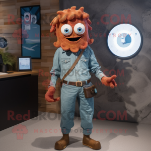 Rust Medusa mascot costume character dressed with a Chambray Shirt and Digital watches