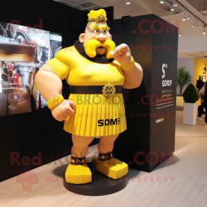 Yellow Strongman mascot costume character dressed with a Skirt and Bracelet watches