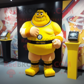 Yellow Strongman mascot costume character dressed with a Skirt and Bracelet watches