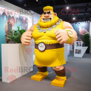 Yellow Strongman mascot costume character dressed with a Skirt and Bracelet watches