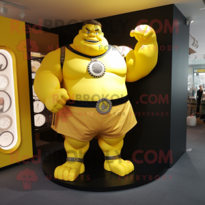 Yellow Strongman mascot costume character dressed with a Skirt and Bracelet watches