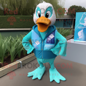 Turquoise Swans mascot costume character dressed with a Tank Top and Pocket squares