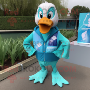 Turquoise Swans mascot costume character dressed with a Tank Top and Pocket squares