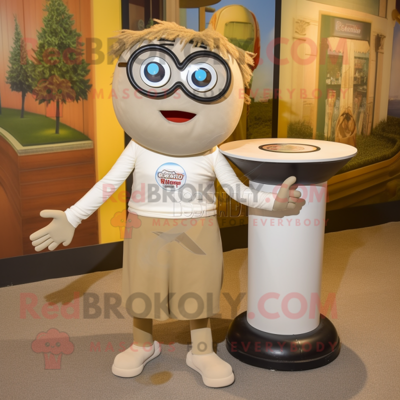 Tan Plate Spinner mascot costume character dressed with a Jeggings and Eyeglasses Tan Plate Spinner mascot costume character dressed with a Jeggings and Eyeglasses