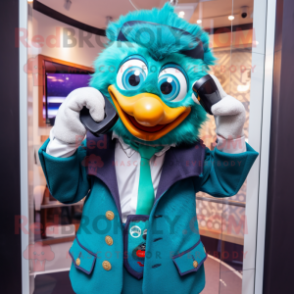 Teal Phone mascot costume character dressed with a Waistcoat and Earrings