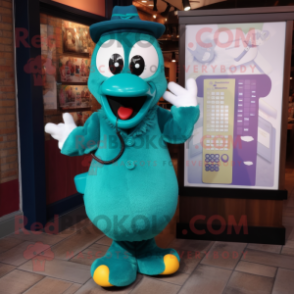 Teal Phone mascot costume character dressed with a Waistcoat and Earrings