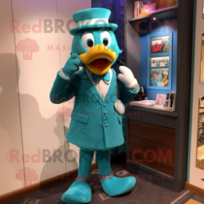 Teal Phone mascot costume character dressed with a Waistcoat and Earrings