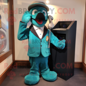 Teal Phone mascot costume character dressed with a Waistcoat and Earrings