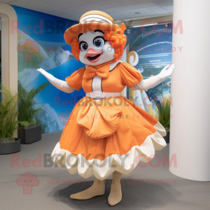 Tan Clown Fish mascot costume character dressed with a Pleated Skirt and Berets