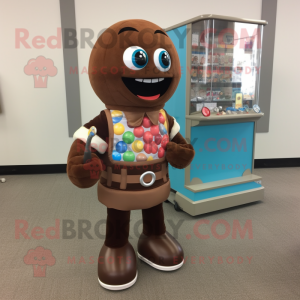 Brown Gumball Machine mascot costume character dressed with a Rash Guard and Shoe clips