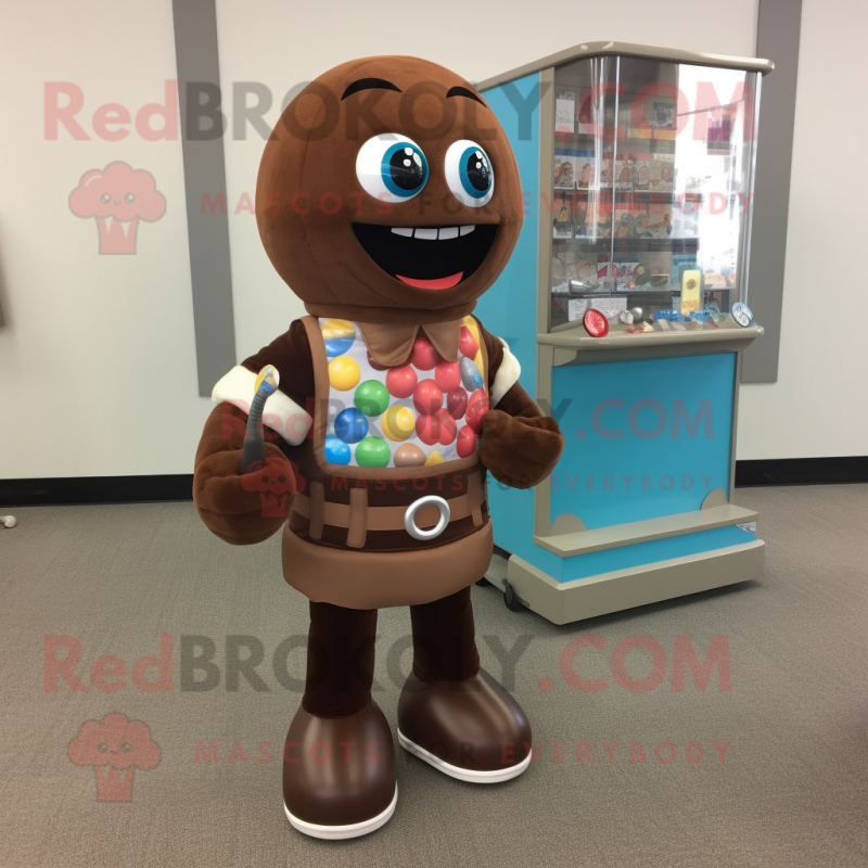 Brown Gumball Machine mascot costume character dressed with a Rash Guard and Shoe clips Brown Gumball Machine mascot costume character dressed with a Rash Guard and Shoe clips