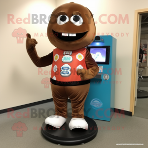 Brown Gumball Machine mascot costume character dressed with a Rash Guard and Shoe clips