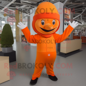 Orange Acrobat mascot costume character dressed with a Hoodie and Berets