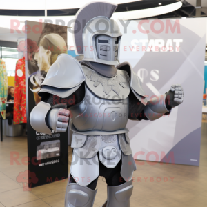 Silver Spartan Soldier mascot costume character dressed with a Waistcoat and Shawls