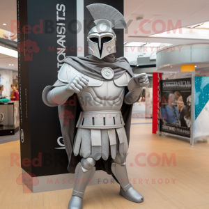 Silver Spartan Soldier mascot costume character dressed with a Waistcoat and Shawls