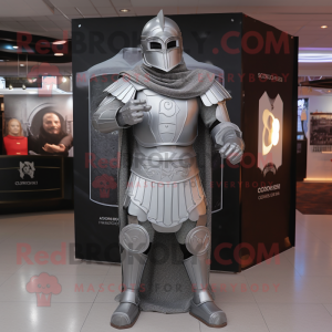 Silver Spartan Soldier mascot costume character dressed with a Waistcoat and Shawls