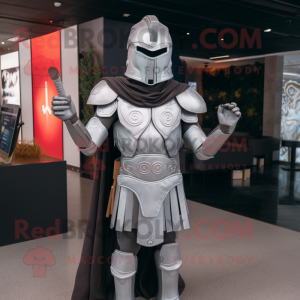 Silver Spartan Soldier mascot costume character dressed with a Waistcoat and Shawls