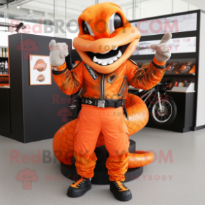 Orange Anaconda mascot costume character dressed with a Biker Jacket and Coin purses