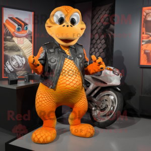 Orange Anaconda mascot costume character dressed with a Biker Jacket and Coin purses