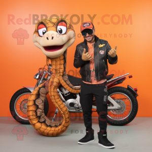 Orange Anaconda mascot costume character dressed with a Biker Jacket and Coin purses