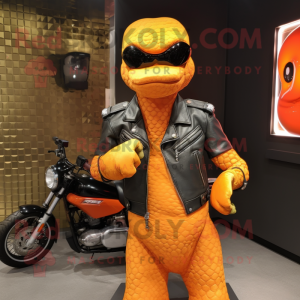 Orange Anaconda mascot costume character dressed with a Biker Jacket and Coin purses