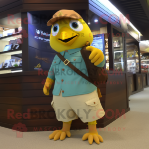 Gold Pigeon mascot costume character dressed with a Cargo Shorts and Bracelets