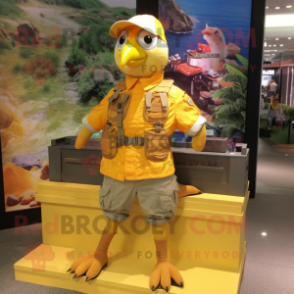 Gold Pigeon mascot costume character dressed with a Cargo Shorts and Bracelets
