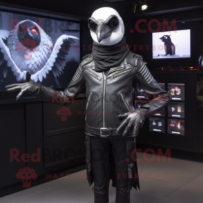 Silver Blackbird mascot costume character dressed with a Biker Jacket and Digital watches