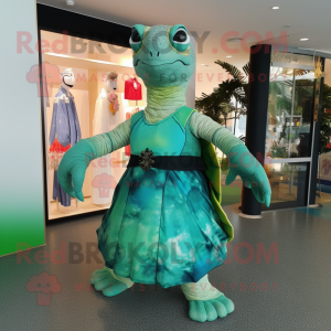 Forest Green Turtle mascot costume character dressed with a Midi Dress and Brooches