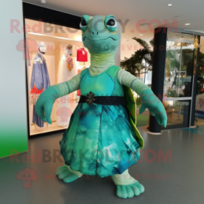 Forest Green Turtle mascot costume character dressed with a Midi Dress and Brooches