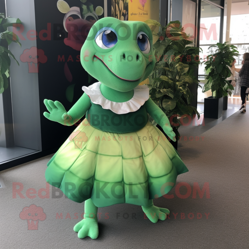 Forest Green Turtle mascot costume character dressed with a Midi Dress and Brooches