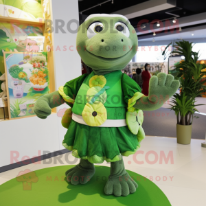 Forest Green Turtle mascot costume character dressed with a Midi Dress and Brooches