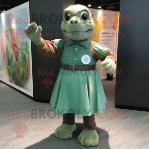 Forest Green Turtle mascot costume character dressed with a Midi Dress and Brooches