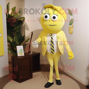 Lemon Yellow Squash mascot costume character dressed with a Polo Shirt and Tie pins