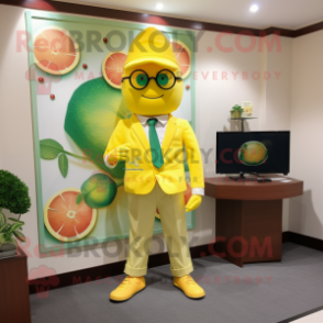 Lemon Yellow Squash mascot costume character dressed with a Polo Shirt and Tie pins