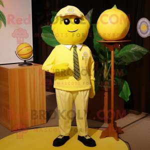 Lemon Yellow Squash mascot costume character dressed with a Polo Shirt and Tie pins